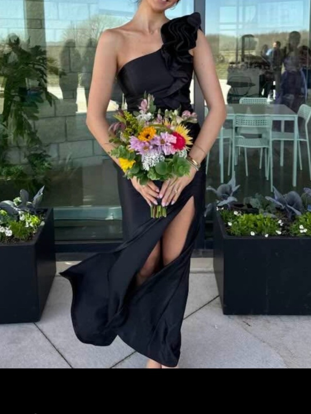 Honey and Rosie One-Shoulder Black Evening Gown with Ruffle